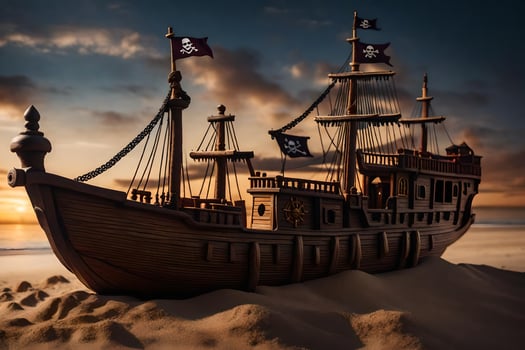 a pirate ship is on the beach at sunset. AI-Generated photo