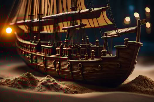 a model of a ship in the sand. AI-Generated photo