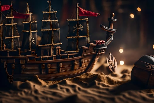 a pirate ship and a pirate chest in the sand. AI-Generated photo