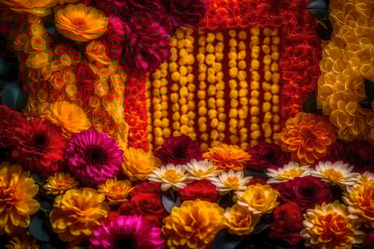 a flower arrangement is made out of red, yellow and orange flowers. AI-Generated photo
