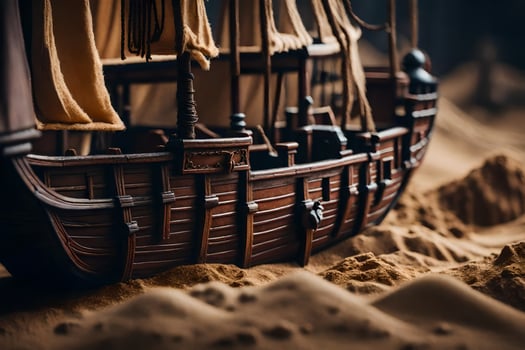 a model of a ship in the sand. AI-Generated photo