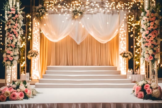 a wedding stage with flowers and lights. AI-Generated photo