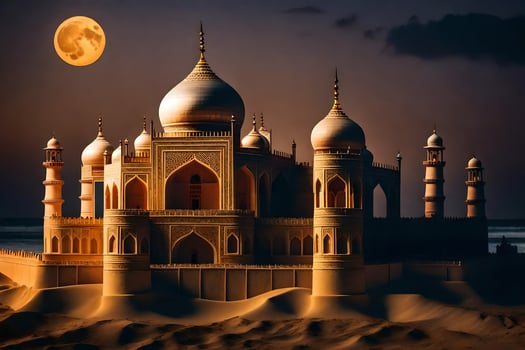 the moon is shining over a sand dune with a taj mahal in the background. AI-Generated photo