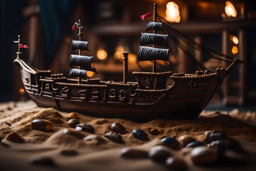 a model of a pirate ship in the sand. AI-Generated photo