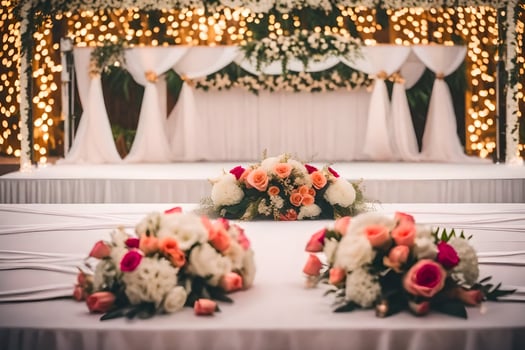 a wedding reception table with flowers and candles. AI-Generated photo