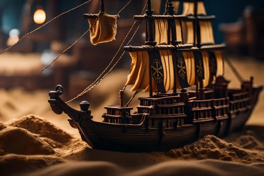 a model of a pirate ship in the sand. AI-Generated photo