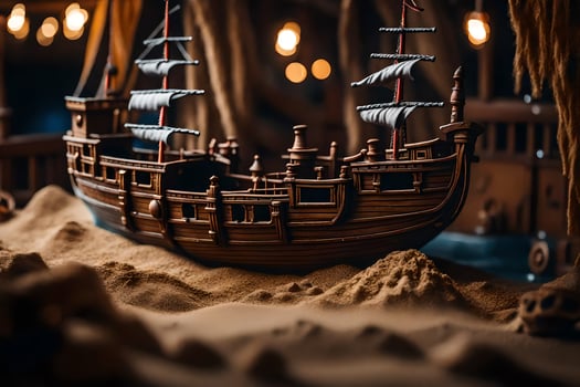 a model of a pirate ship in a sandy area. AI-Generated photo