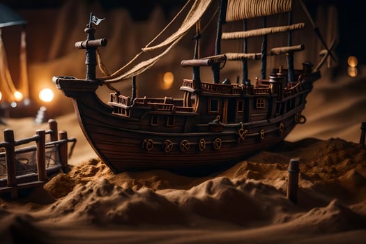 a model of a pirate ship in a sand pit. AI-Generated photo