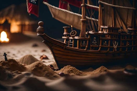 a model ship in the sand with a fire. AI-Generated photo