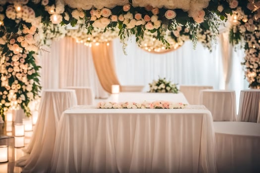 a wedding reception with white tablecloths and flowers. AI-Generated photo