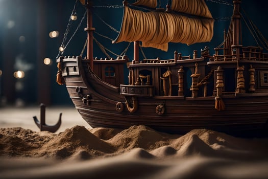 a model of a pirate ship in the sand. AI-Generated photo
