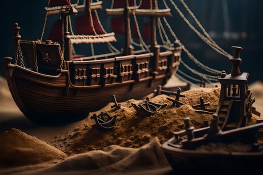 a model of a pirate ship in the sand. AI-Generated photo