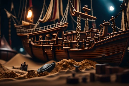 a model of a ship in the sand. AI-Generated photo