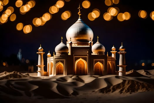 a white mosque in the desert with lights. AI-Generated photo