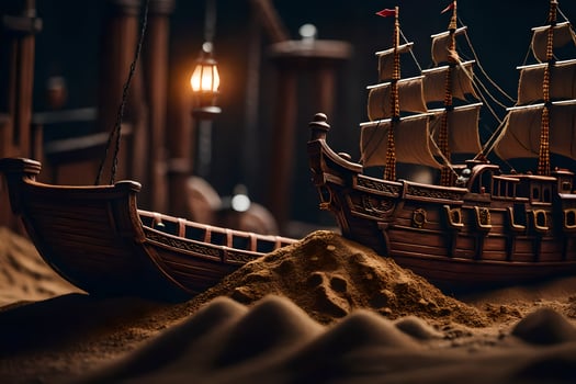 a model of a ship in a sand pit. AI-Generated photo
