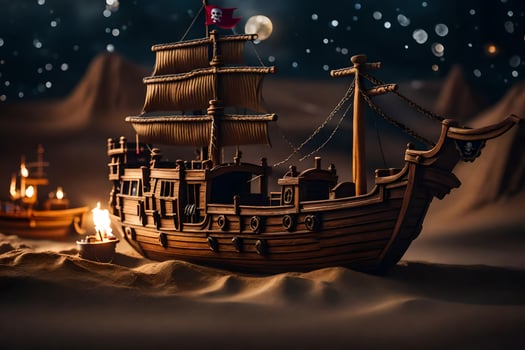 a pirate ship in the sand with candles. AI-Generated photo