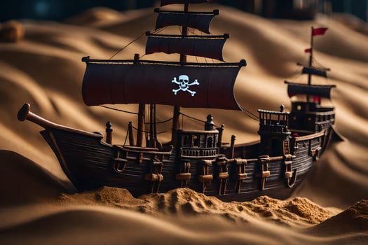 a pirate ship is in the sand. AI-Generated photo
