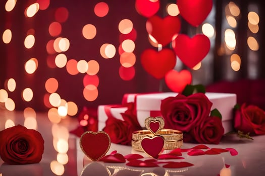 red roses, a heart shaped box and a gift box with a red bow are arranged on a. AI-Generated photo
