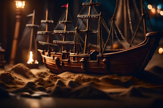 a model of a ship in the sand. AI-Generated photo