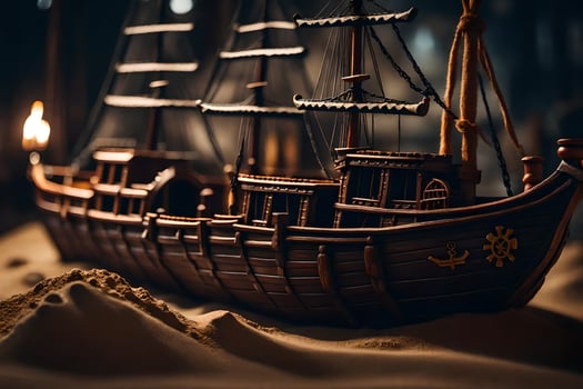 a model of a ship in the sand. AI-Generated photo