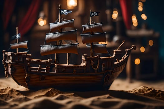 a pirate ship is sitting on a sand dune. AI-Generated photo