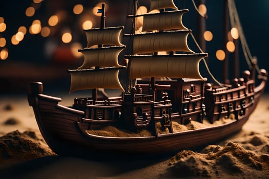 a model of a ship in the sand. AI-Generated photo