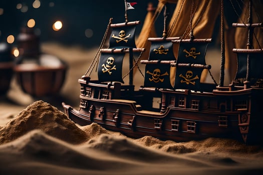 a pirate ship is sitting in the sand. AI-Generated photo