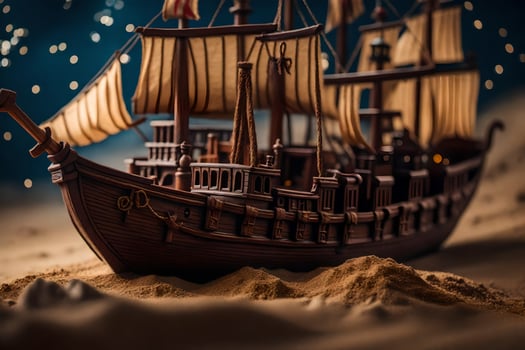 a model of a pirate ship in the sand. AI-Generated photo