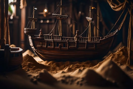 a model of a ship in a sand pit. AI-Generated photo