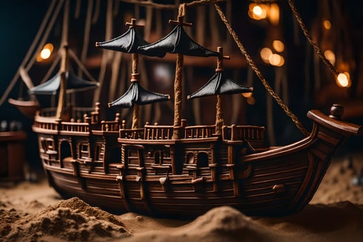 a model of a pirate ship on a sandy beach. AI-Generated photo