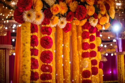 a colorful wedding stage decorated with flowers. AI-Generated photo