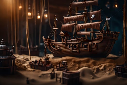 a pirate ship is in a dark room with lights. AI-Generated photo