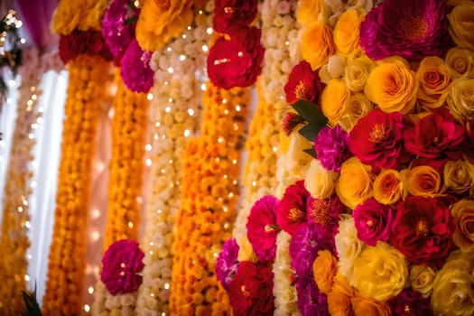 a colorful wall of flowers with garlands and lights. AI-Generated photo