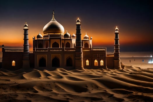 a taj mahal in the desert at sunset. AI-Generated photo