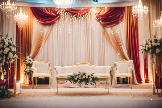 an elegant wedding stage with gold and red drapes. AI-Generated photo