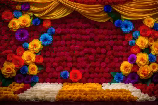 a colorful stage with flowers and a curtain. AI-Generated photo