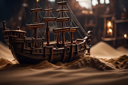 a model of a pirate ship in the sand. AI-Generated photo