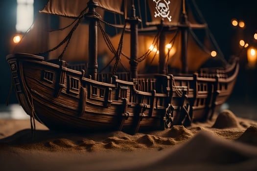 a model of a pirate ship in the sand. AI-Generated photo