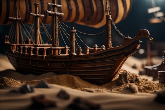 a model of a ship in the sand. AI-Generated photo