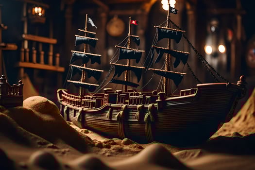 a model of a pirate ship in a dark room. AI-Generated photo