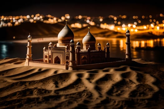 a model of a mosque in the desert at night. AI-Generated photo