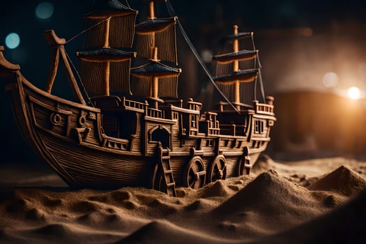 a model of a pirate ship in the sand. AI-Generated photo