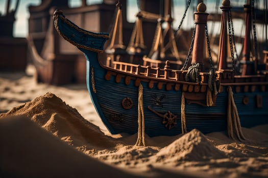 a model of a pirate ship in the sand. AI-Generated photo