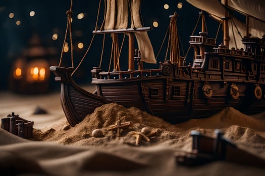 a model ship in the sand with lights. AI-Generated photo