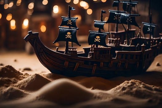 a pirate ship is sitting in the sand. AI-Generated photo