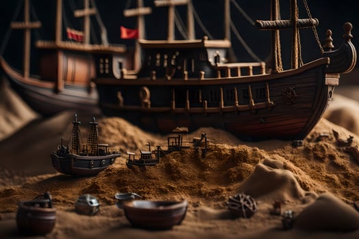 a model of a pirate ship in the sand. AI-Generated photo