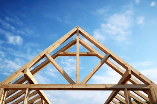 Wood roof trusses constructed with construction framing beams timber. Generative AI photo