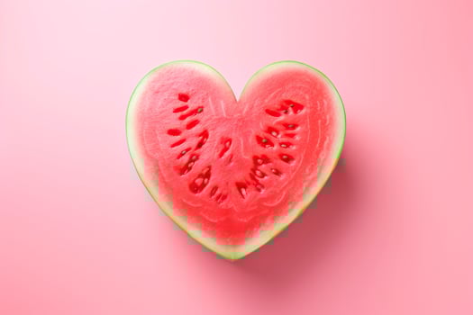 Fresh watermelon slice in heart shape on pink background, top view. photo
