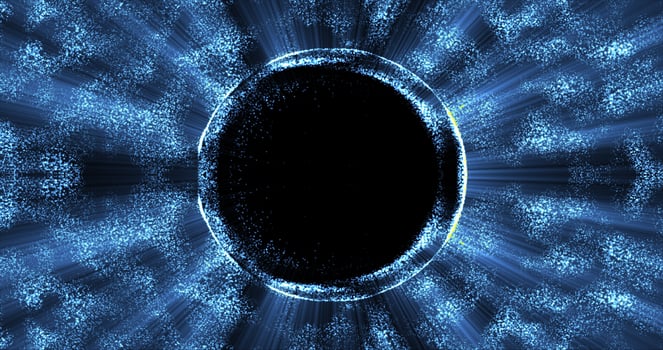 Abstract background of an energetic blue magic ring of glowing particles and a wave of energy photo