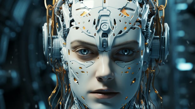 AI-Generated Beautiful cyborg robot woman futuristic high-tech mixture of human and computer. Synergy between humanity and artificial intelligence in the future photo